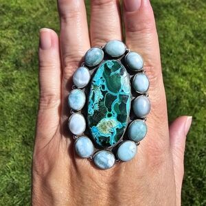 Chrysocolla Malachite And Larimar Ring Sterling Silver Huge Chunky Size 10.5